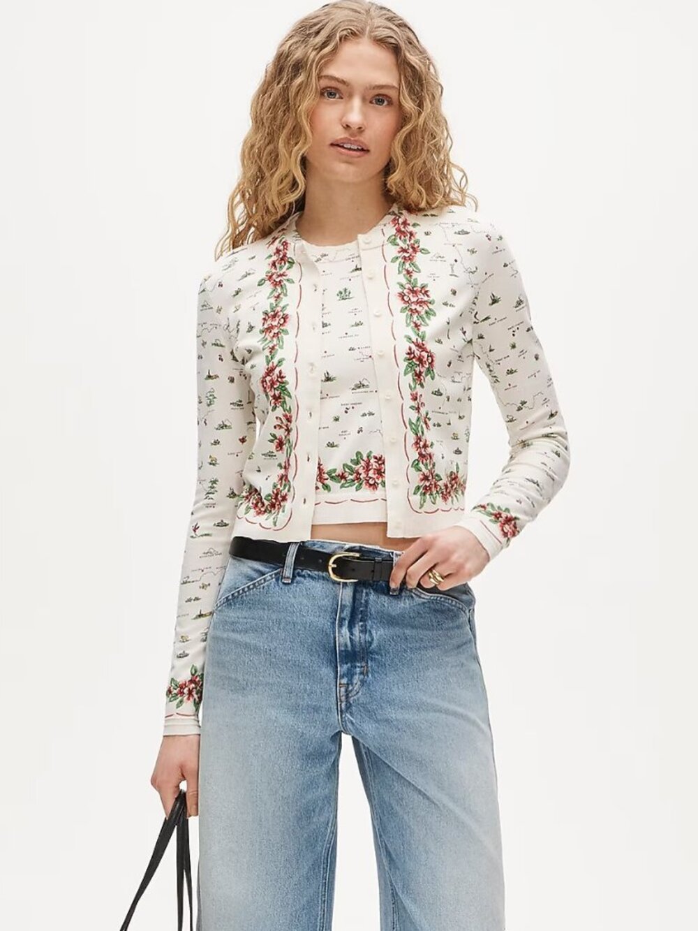 J. Crew Jackie Cardigan in Map-Print Premium Ultra-Fine Cotton Blend Ivory Pink